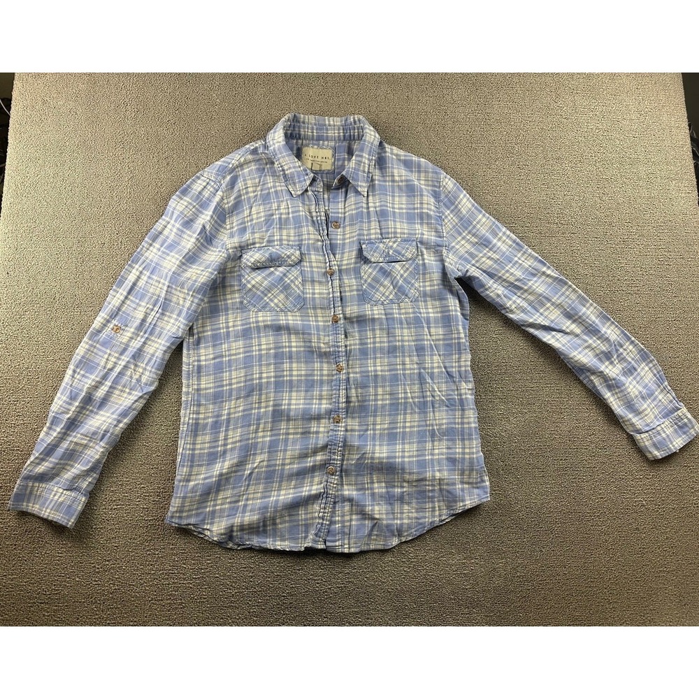I‎ LOVE H81 Button-Up Shirt Women L Blue Plaid Roll Tab Sleeve Coastal Utility